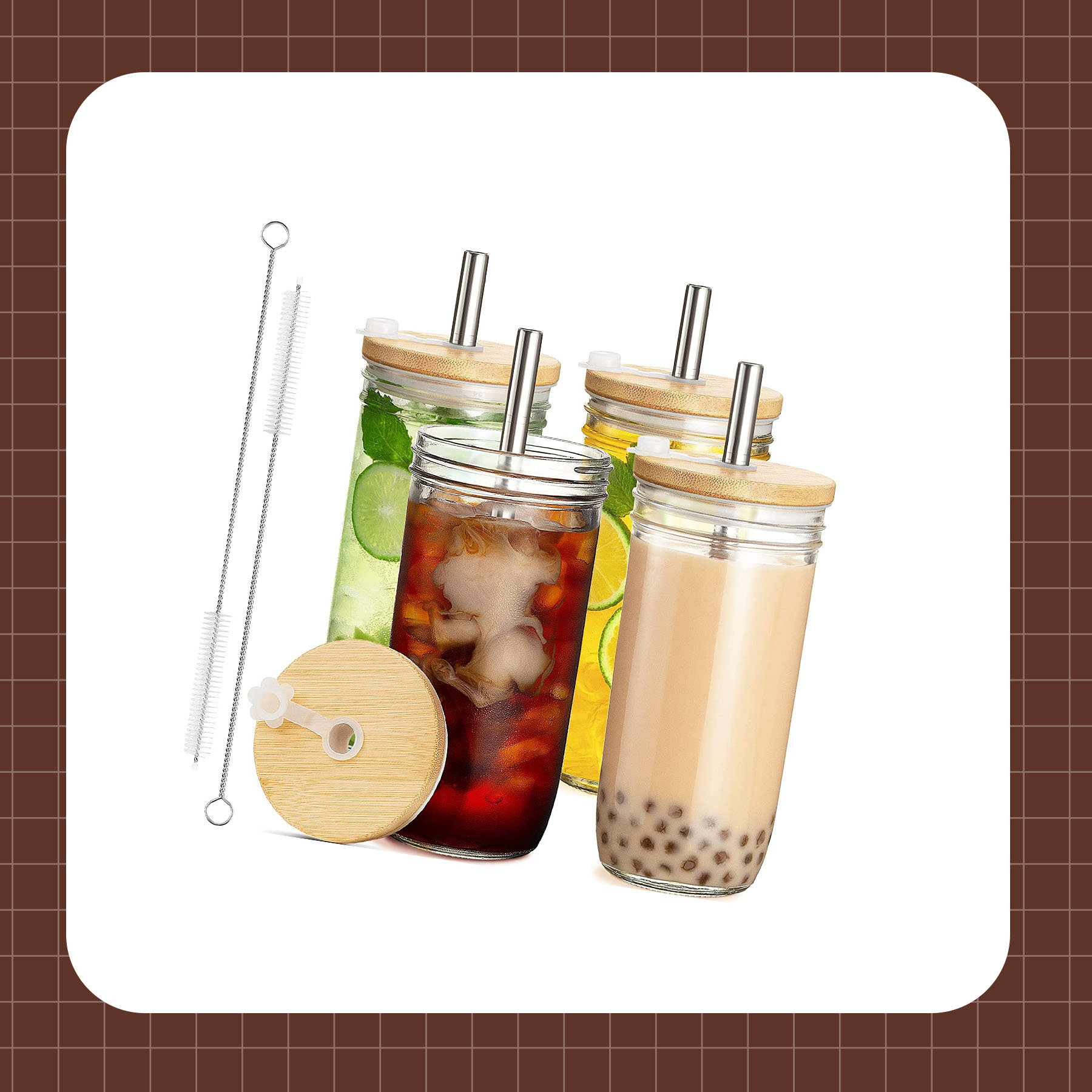 24OZ Glass Tumbler Cup with Bamboo Lid and Straw Mason Jar Drinking Glasses  Bottle for Smoothie Iced Coffee Juice Water BPA Free