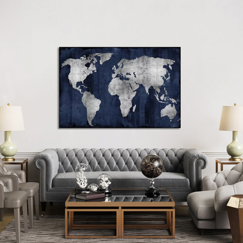 The World - Silver On Blue by Russell Brennan - Print on Canvas, 101.6 cm H x 66.04 cm W x 1.91 cm D, Wrapped Canvas