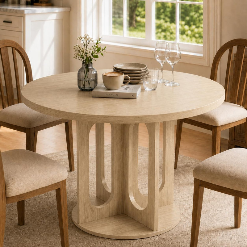 Table de salle à manger ronde de 47 pouces avec base à piédestal, table de petit-déjeuner circulaire pouvant accueillir de 4 à 6 personnes, table intérieure polyvalente pour la cuisine, la salle à manger et le salon, naturel
