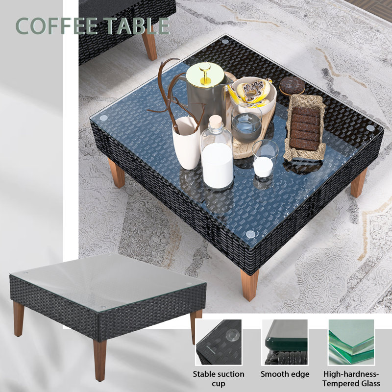 Ensemble de canapé d'extérieur en osier 4 pièces, ensemble de conversation pour patio avec coussins colorés, forme en L, table basse, deux coussins cylindriques, coussins gris et rotin noir
