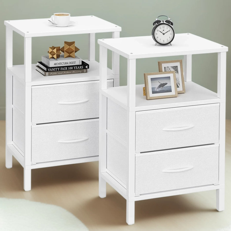 Modern End Table Set Of 2 With Fabric Drawers, Nightstand Or Couch Side Table With Open Shelf And Ample Storage, Easy Assembly