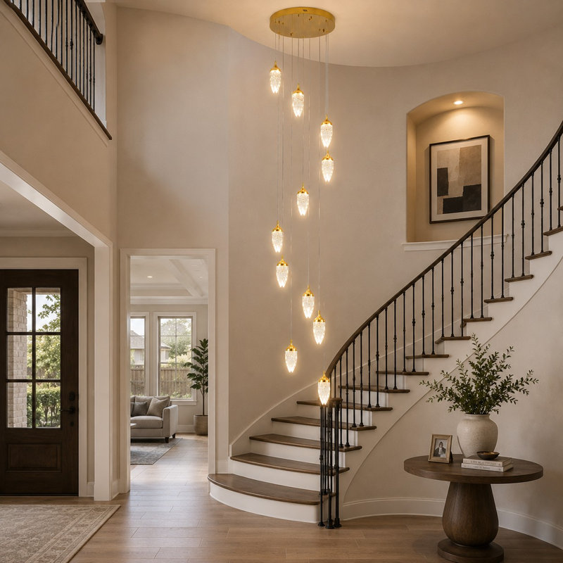 10-Light Gold Crystal Dimmable LED Large Staircase Pendant Light with Remote and App Control