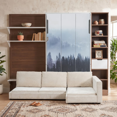 Lit escamotable avec armoire de rangement, tablettes ouvertes et port USB, grand canapé à l'avant, panneau imprimé paysage de montagne, lit mural peu encombrant pour chambre à coucher, chambre d'amis et appartement