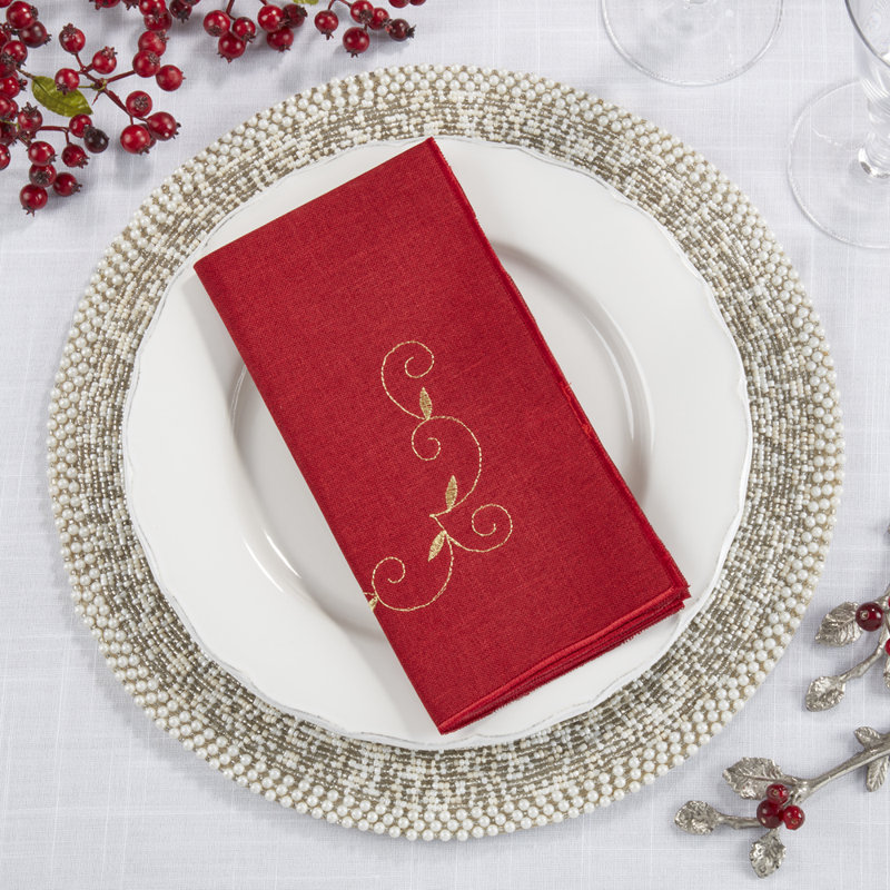 Burgundy Holiday Embroidered Design Choth Napkins 20 X 20 Inch, Set Of 4