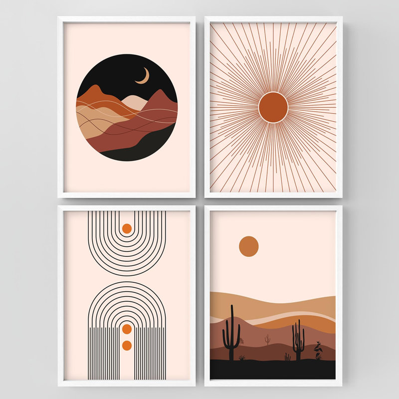 "Astronomie et Sud-Ouest, scènes de désert, formes abstraites, illustrations, art moderne, décor", 4 pièces, Blanc