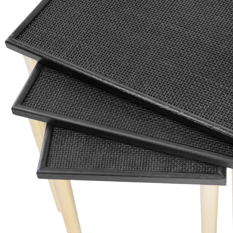 De 3 tables d'appoint, noires et dorées avec plateaux tissés, base en bois massif, surface réglable, pour les espaces de vie, 3 tables à assembler, style, plateaux