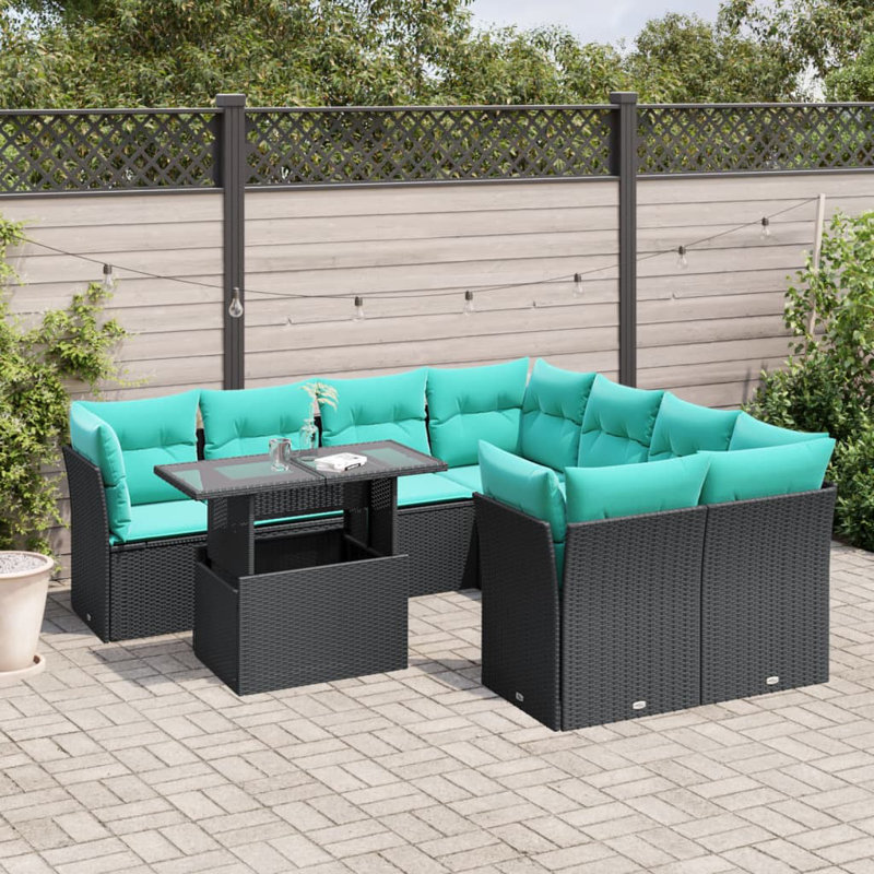Ensemble de canapé de patio 9 pièces avec coussins en rotin de polyester, Bleu clair, Noir