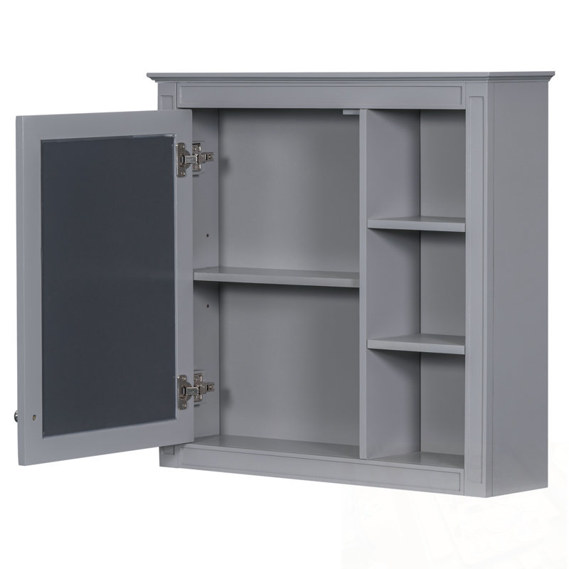 Armoire de rangement murale avec miroir et 3 tablettes ouvertes, Gris