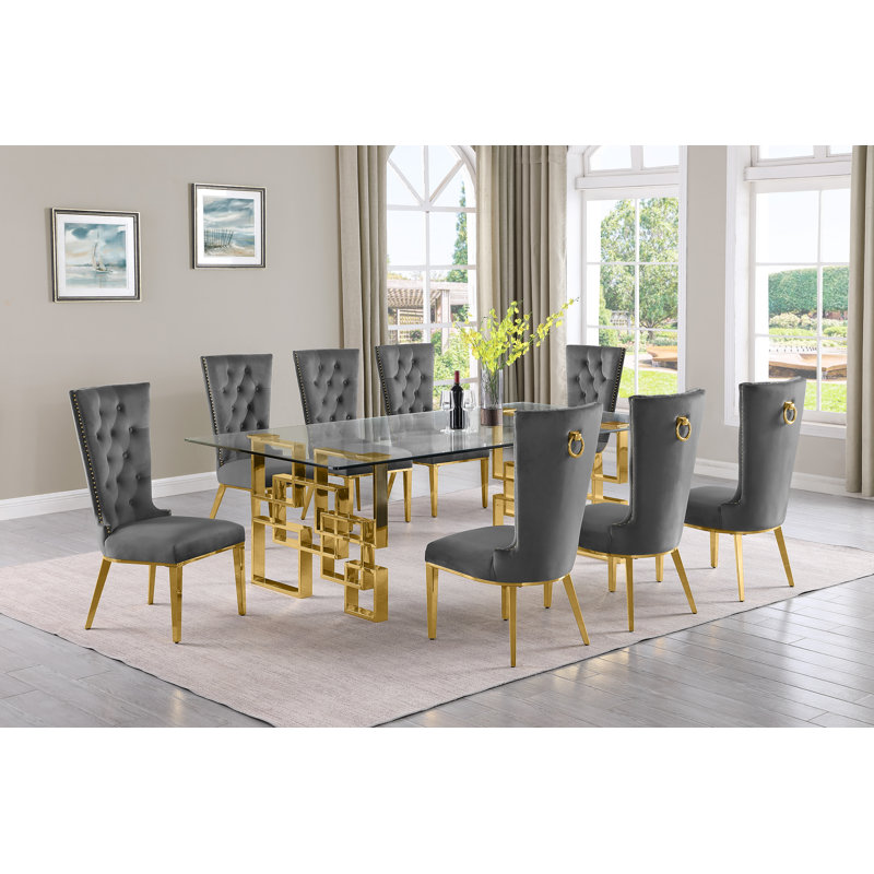 Ensemble de salle à manger rectangulaire en verre transparent avec chaises en velours L 95 po x l 46 po Borel, 9, Or