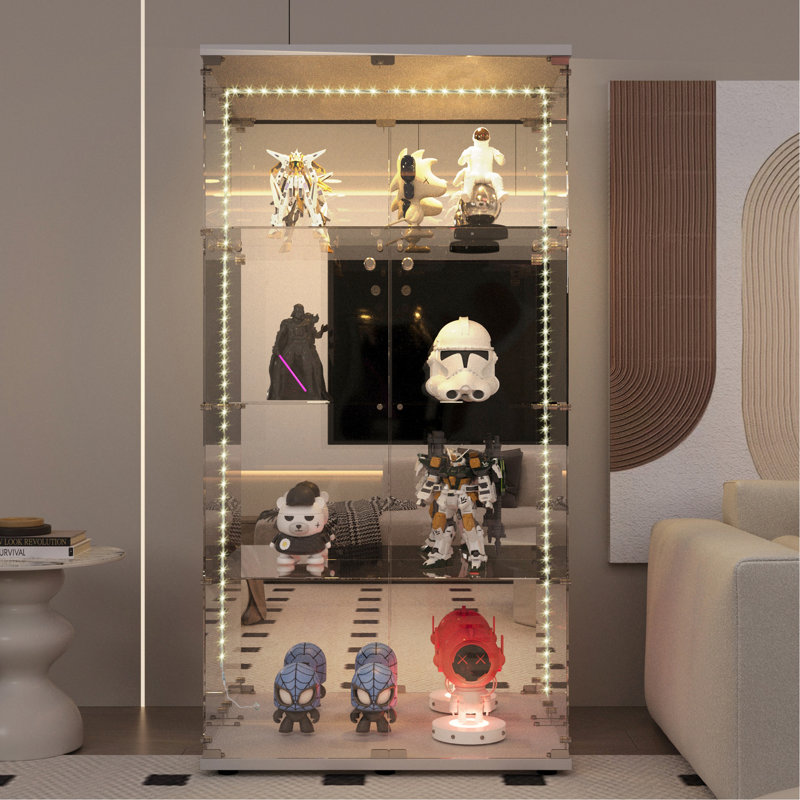 Armoire de rangement en verre trempé blanc ， 3 4 Featuring 3 avec 4 portes, porte verrouillable, panneau arrière miroir pour le salon, 63,4 po de hauteur, 30,87 po de longueur, 13,39 po de largeur, 3 4 tablettes, classique