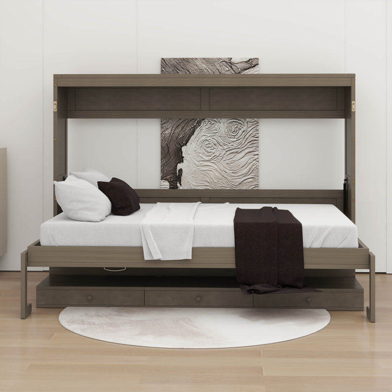 Grand lit escamotable avec tiroirs, bureau de coiffeuse et miroir central, Gris patiné