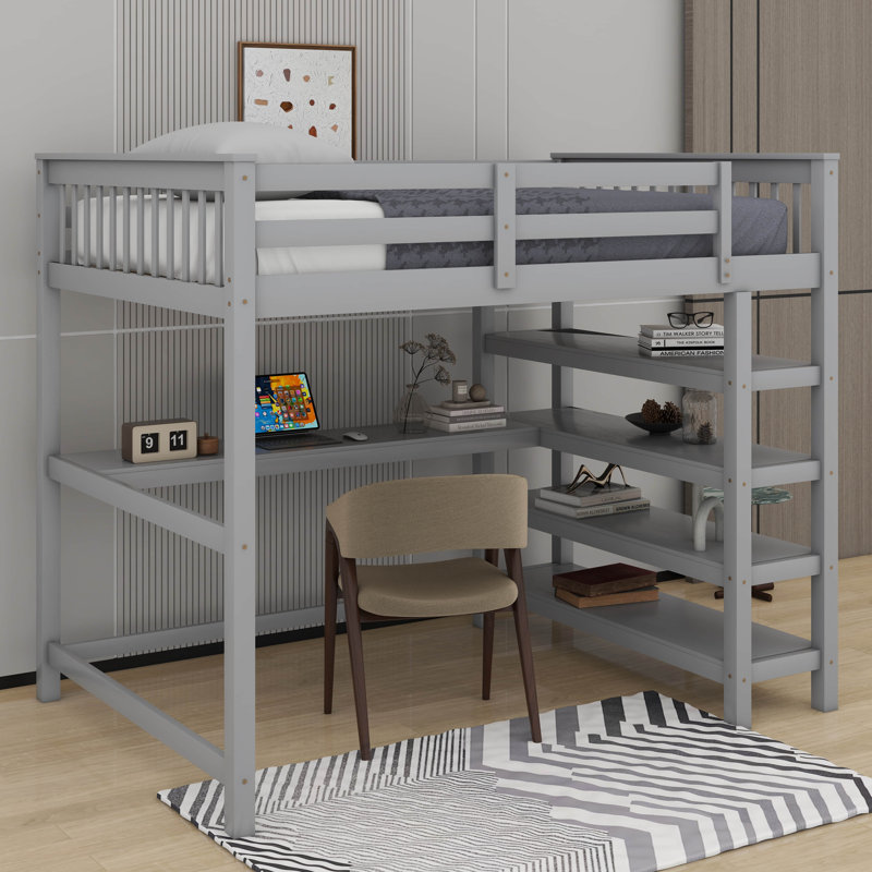 Lit mezzanine double avec tablettes et bureau sous le lit, gris