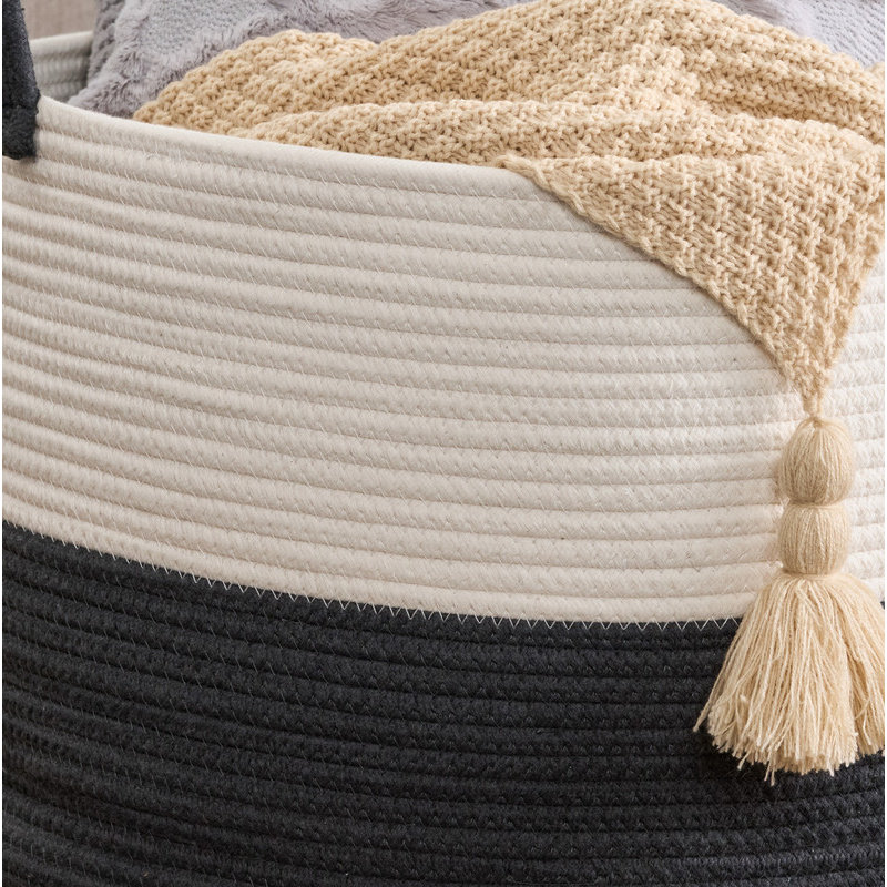 Panier à linge rond en coton blanc, Blanc / Gris