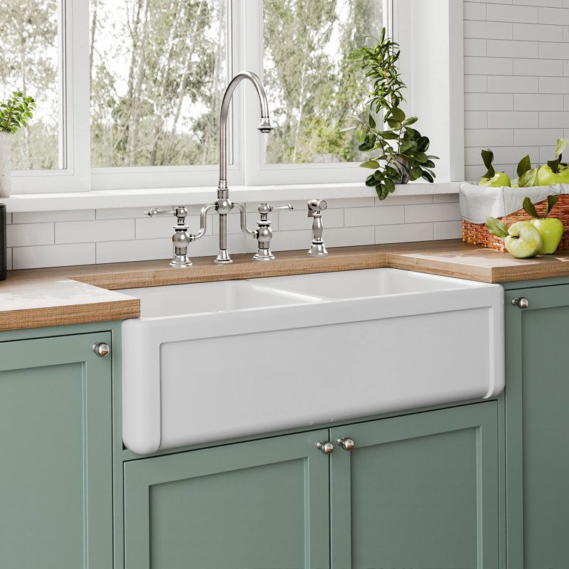 Glossy White Fireclay Double Bowl Farmhouse Kitchen Sink