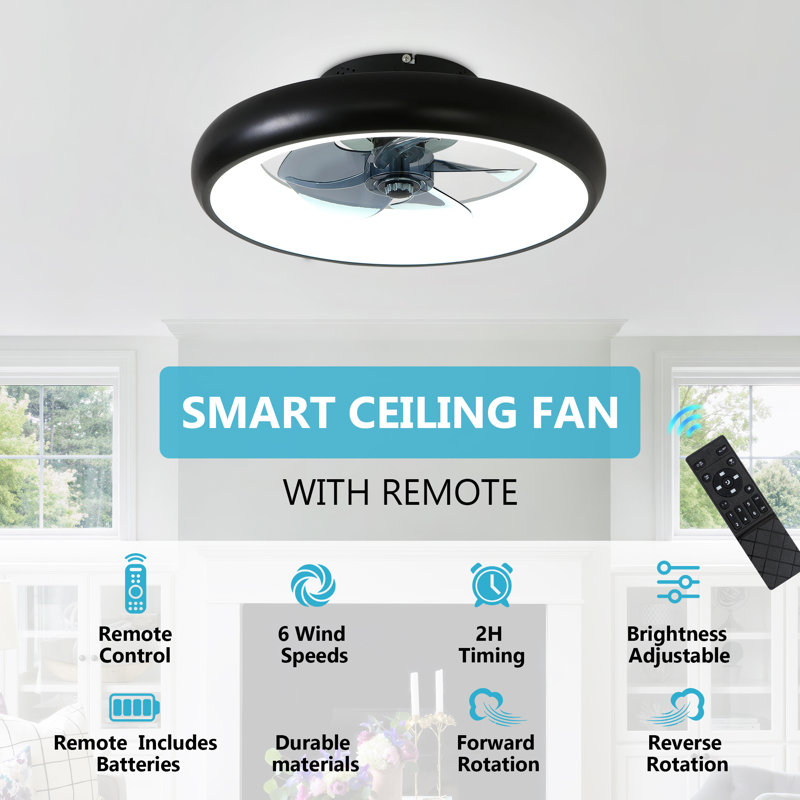 Modern Black 6-speed Led Ceiling Fan With Light, Dimmable  & Remote Control For Bedroom