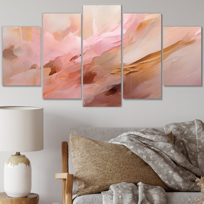 Sentiments tendres dans une aquarelle rose rétro - formes abstraites, art mural sur toile - 5 panneaux