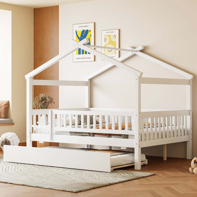 Lit en bois avec lit gigogne simple, Lit double, Blanc