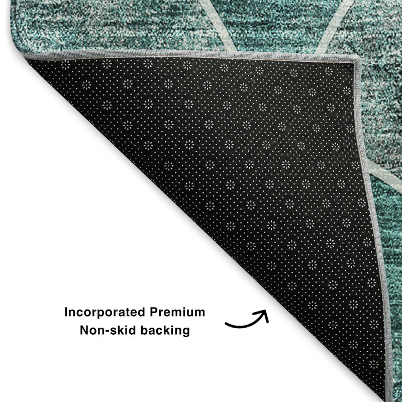 Teal Washable Synthetic Geo Pattern Rug - 2'3" x 7'6"