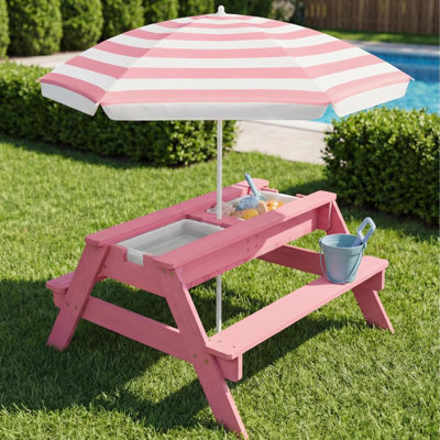 Table de pique-nique Best Kids avec parasol, table de sable et d'eau 3-en-1, table de pique-nique d'extérieur convertible pour tout-petits, 4 sièges, plateau amovible, 2 seaux