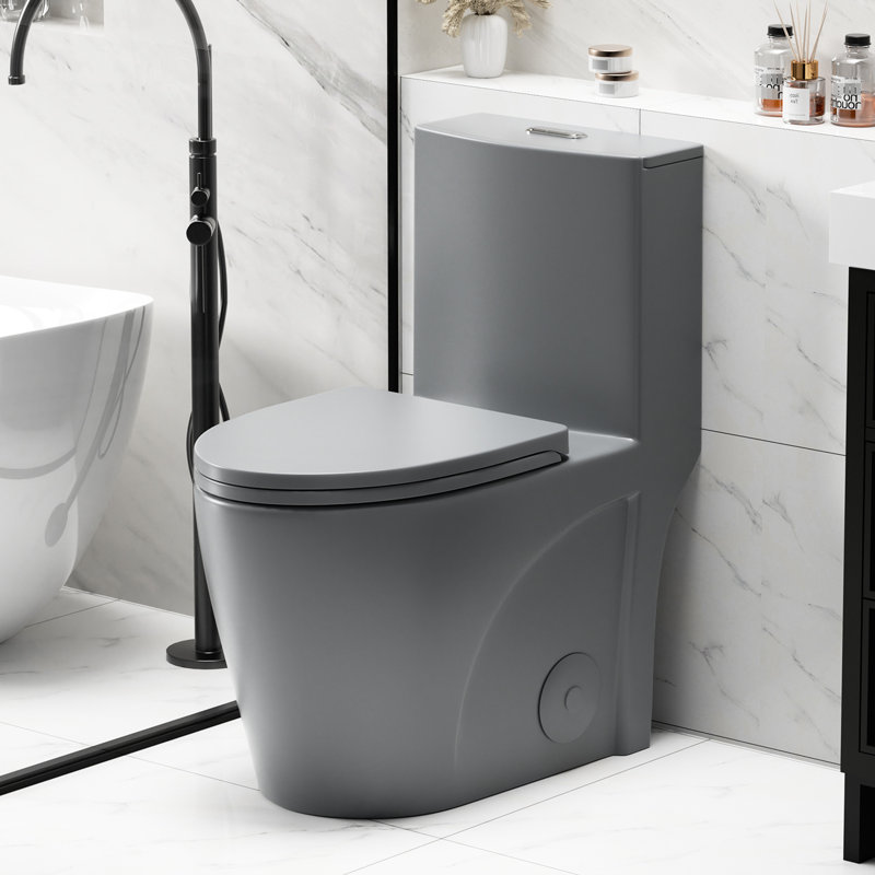 Une toilette avec double chasse d'eau 001. Siège à fermeture en douceur 1,1 / 1,6. Eau, bol allongé. Hauteur, en céramique grise Chasse, hauteur. Pour la catégorisation