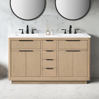 Noah 36 In. Single Sink Freestanding Sahara Birch Bathroom Vanity With White Engineered Stone Top And Matte Black Hardware