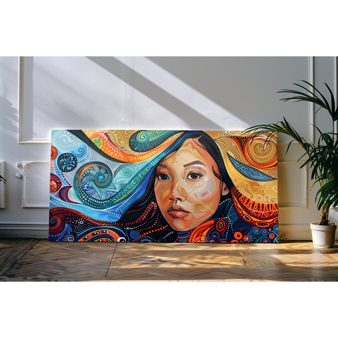 Wandbild 120x60cm Porträt einer indigenen jungen Frau Farbenfroh Muster Kunstwerk