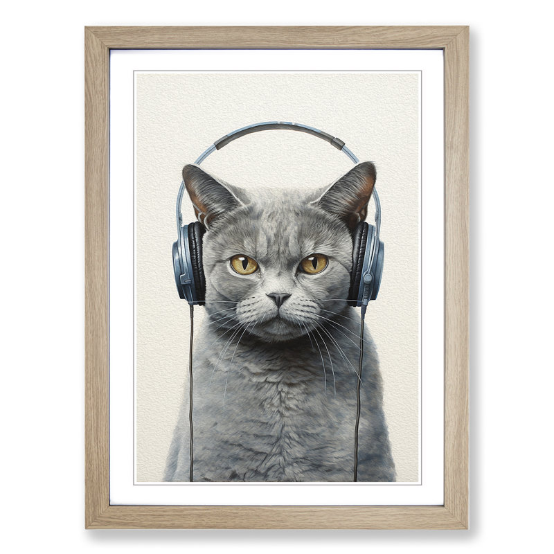 British Shorthair Cat With Headphones - Single Picture Frame Print on Wood, Oak Framed, 64cm H x 46cm W x 2cm D