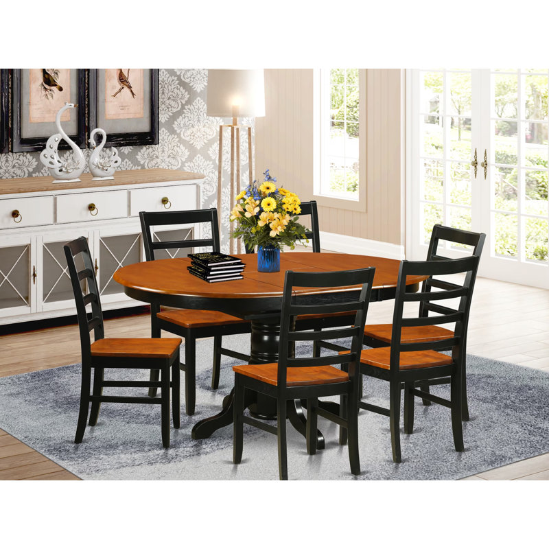 7 Piece Kitchen Table Set Consist of an Oval Dining Table with Butterfly Leaf and 6 Dining Room Chairs, 42x60 Inch, Black & Cherry