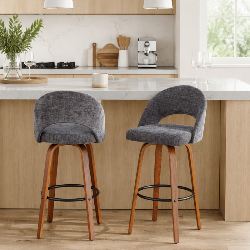 Tabouret de bar à hauteur fixe en bois de noyer et tissu gris foncé avec repose-pieds rond en métal noir - ensemble de 2
