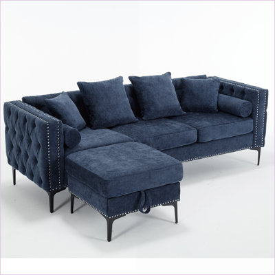 Canapé modulaire en chenille moderne en L avec repose-pieds avec rangement | Salon bleu marine 4 places | Bleu marine | Métal Bois