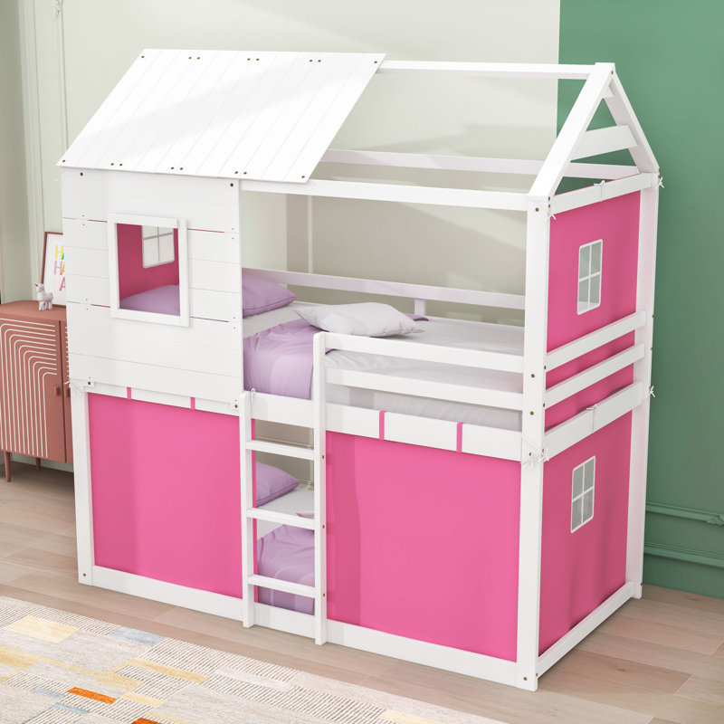 Wood Playhouse Tent Bed Frame With Roof, Simple sur simple, Rose / blanc