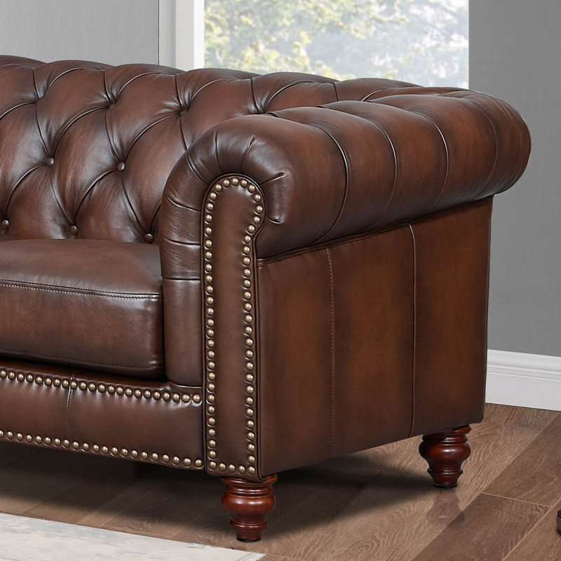 Caramel Brown Leather Tufted Chesterfield Sectional Sofa with Rolled Arms