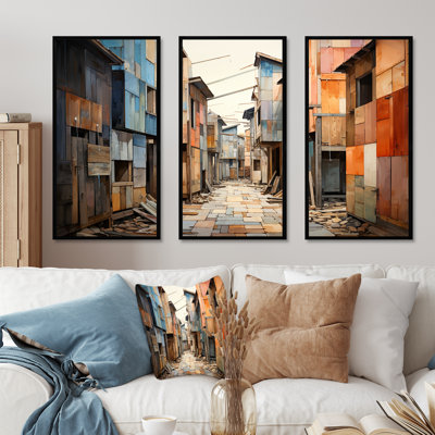 «Orange, beige, mimimalisme, cubes, ville, ensemble d'art mural»