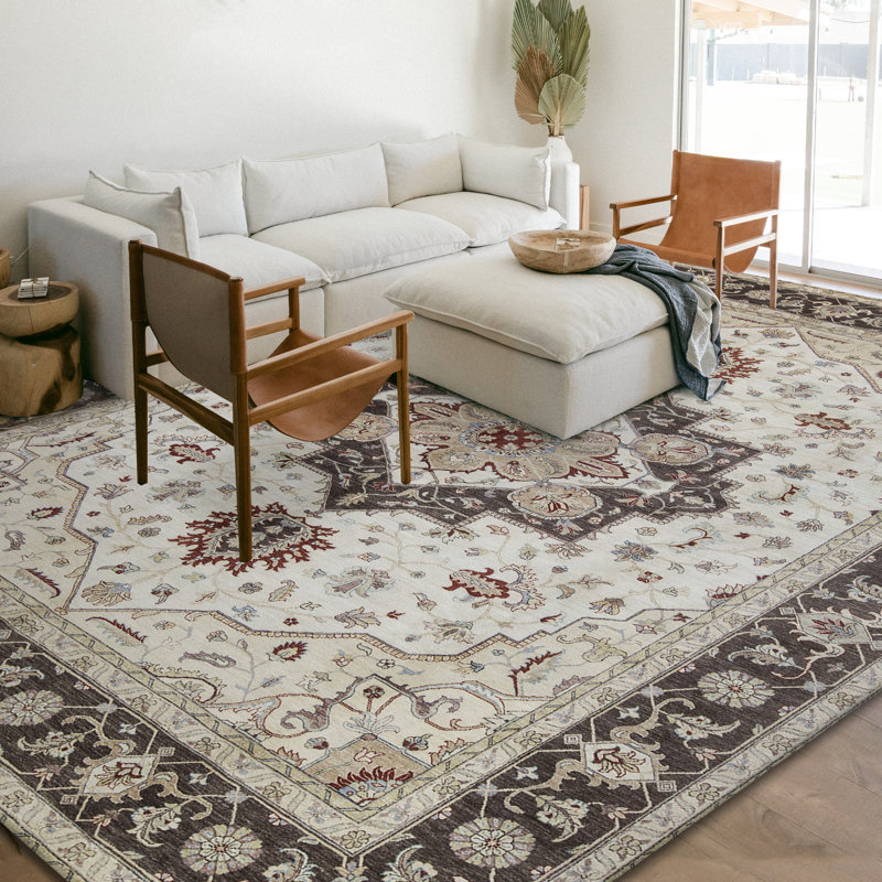 Hand-Knotted High-Quality Cream and Brown Area Rug