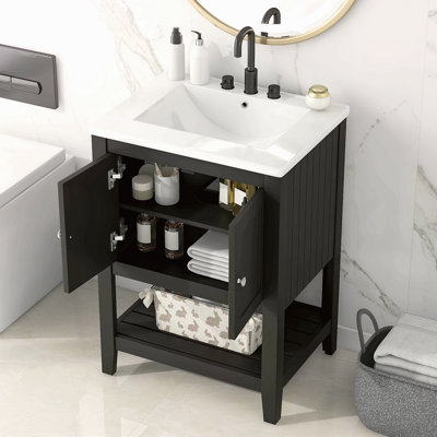 24" Black Modern Sleek Bathroom Vanity Elegant Ceramic Sink With Solid Wood Frame Open Style Shelf