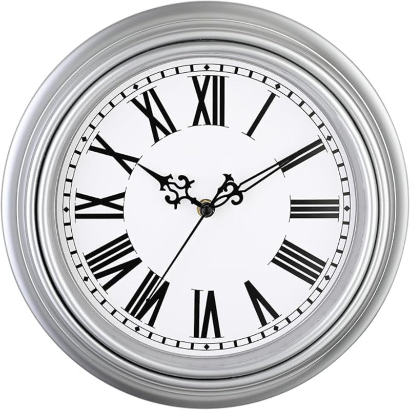 Petite horloge murale rétro Plumeet, horloges murales rétro silencieuses classiques, cuisine, chambre à coucher, chiffres romains, à piles, argent