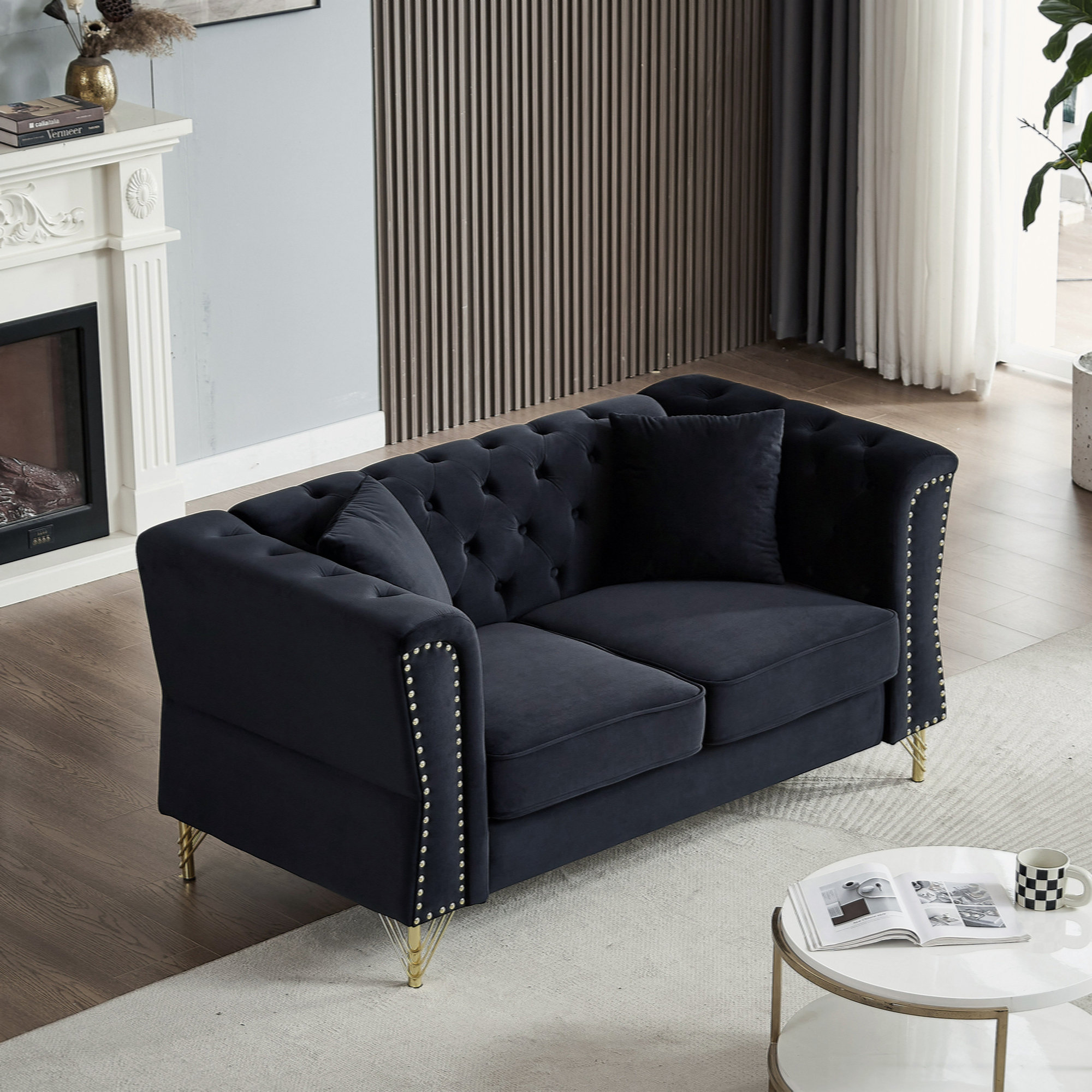 Mercer41 60.2" Chesterfield Sofa Velvet For Living Room, 2 Seater Sofa ...