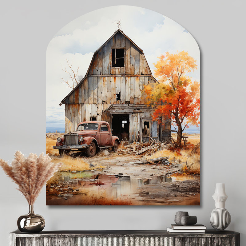 Dickinson - Barns, art mural asymétrique en métal, impression d'arche en métal gris, H 43 po x l 33 po