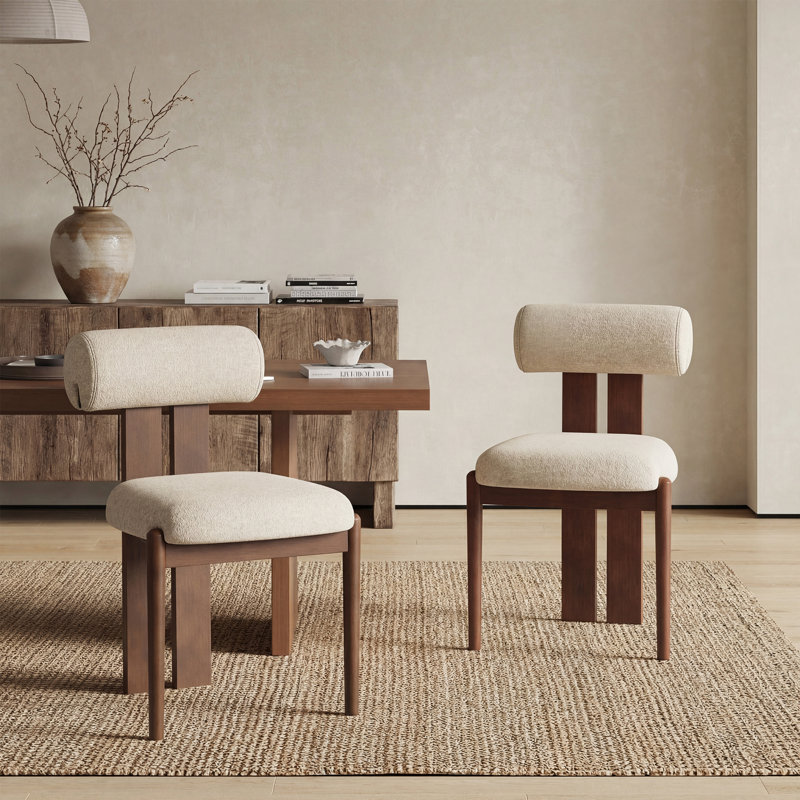 Mid-Century Modern Wooden Dining Chairs, Upholstered Fabric with Sculptural Backrest & Solid Wood Legs, Walnut, Beige