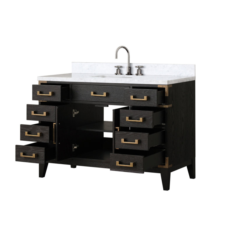 Meuble-lavabo simple en chêne noir 48 po X P 22 po D, dessus en marbre de Carrare et ensemble de robinet, Marbre de Carrare