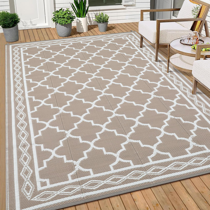 Tapis d'extérieur marocain en plastique paille imperméable et moderne pour le jardin, Café gris / blanc, 8 pi x 10 pi