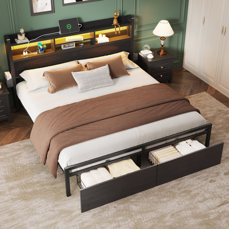 King Bed Metal Frame Adjustable Height with 3-Tier Shelf,RGB LED Light, Charging Station, King