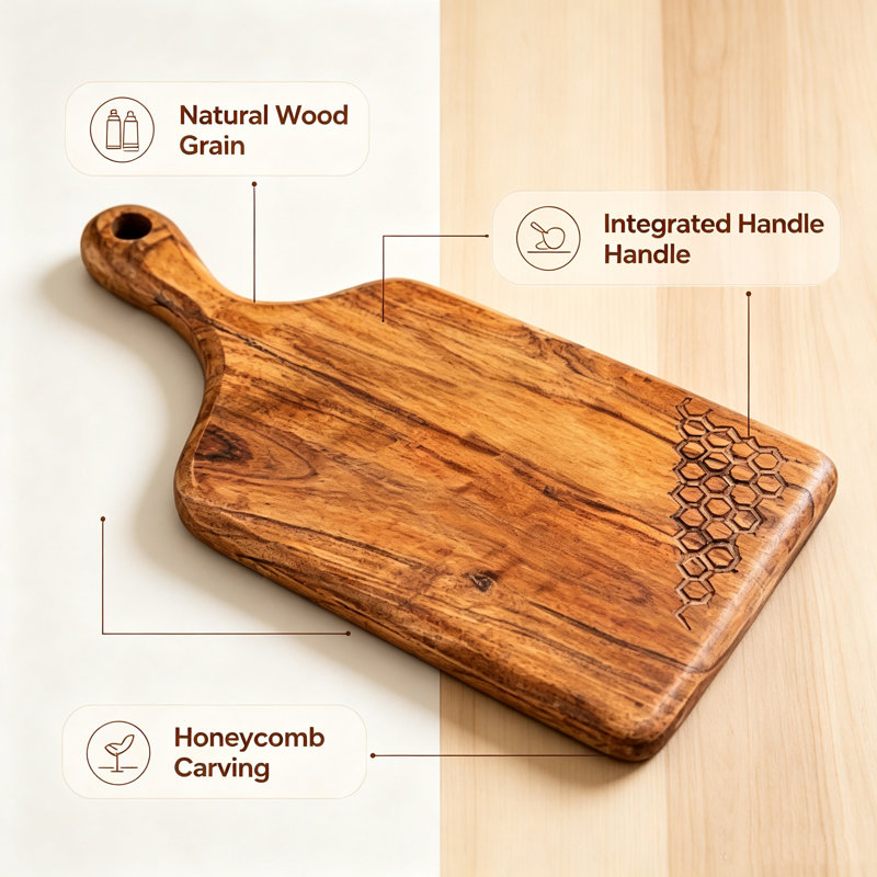 Acacia Wood Cutting Board with Handle, Paddle Serving Board for Kitchen, Charcuterie Cheese Board with Hanging Hole, Decorative Carved Wooden Board for Cooking and Serving