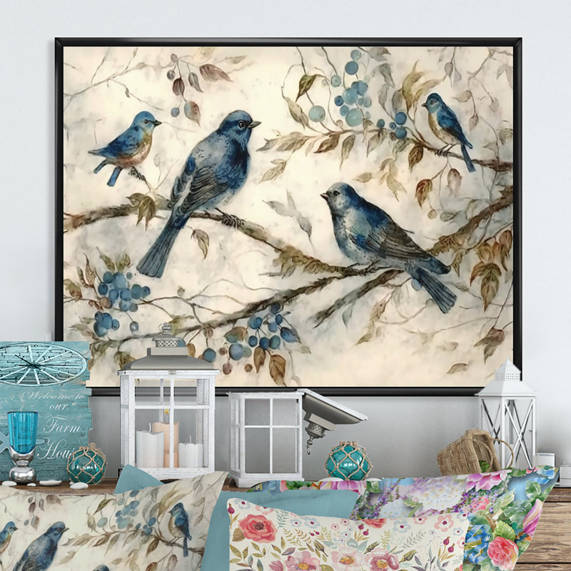 Quatre oiseaux bleus rétro sur une branche IV - Art mural oiseau, Cadre flottant noir, 24" H x 32" W