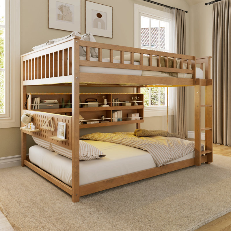 Lit superposé double au-dessus de double avec tablettes intégrées, lumières à changement de couleur et panneau perforé, Brun