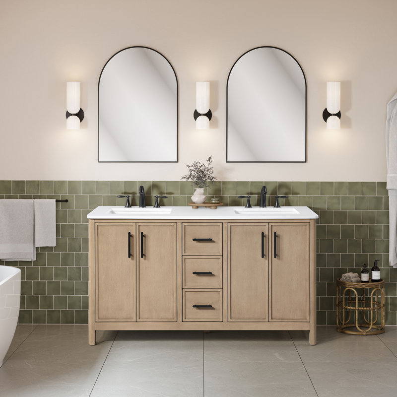 OVE Decors Solas Meuble-lavabo autoportant à double cuve Sahara, Bouleau Sahara, 60"
