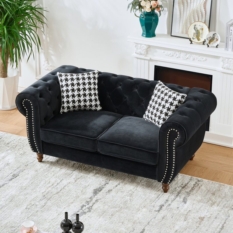 Canapé 67 po en tissu de velours Chesterfield, Noir