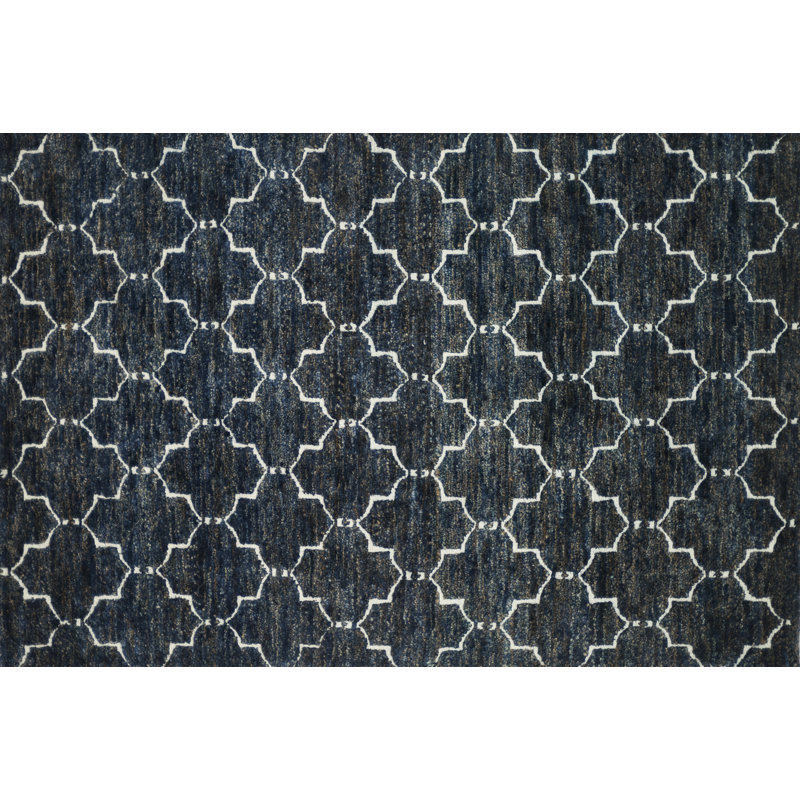 Motif géométrique noué à la main bleu foncé Tapis décoratif, Rectangle 7 pi 9 po x 9 pi 9 po