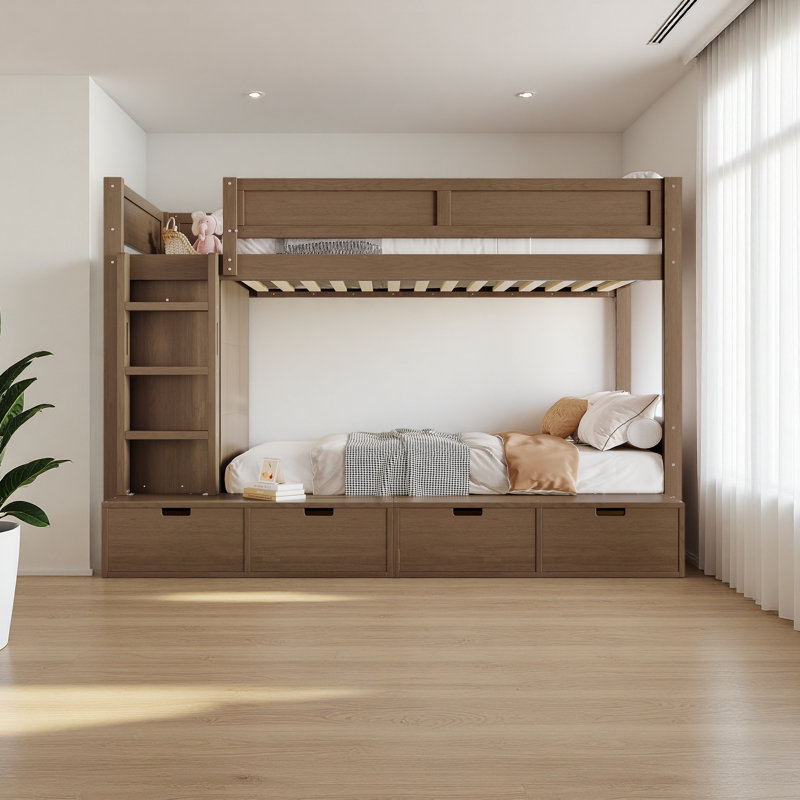 Twin Over Twin Bunk Bed With 4 Storage Drawers, Brown