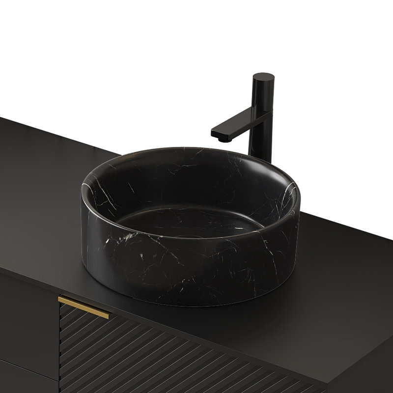 Lavabo rond en céramique noir mat 14 po pour salle de bain, motif pierre, textures veinées gris brumeux, longue durée et teinture, céramique de salle de bain de 14,03 po de largeur, finition, atmosphère, hauteur de 4,77 po